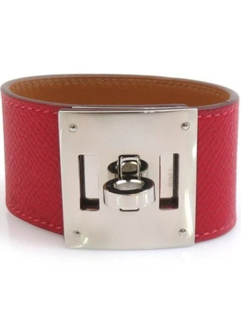 Auth HERMES Kelly Dog Bracelet Red/Silver Leather/Metal - e61836